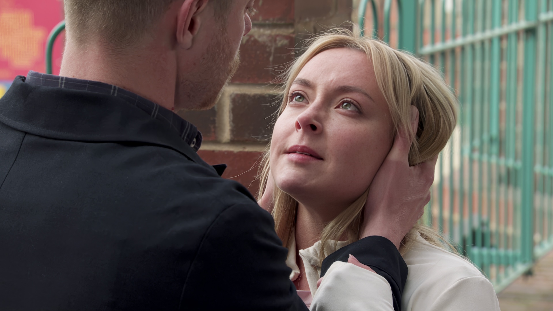 Daniel holding Megan's face in Coronation Street