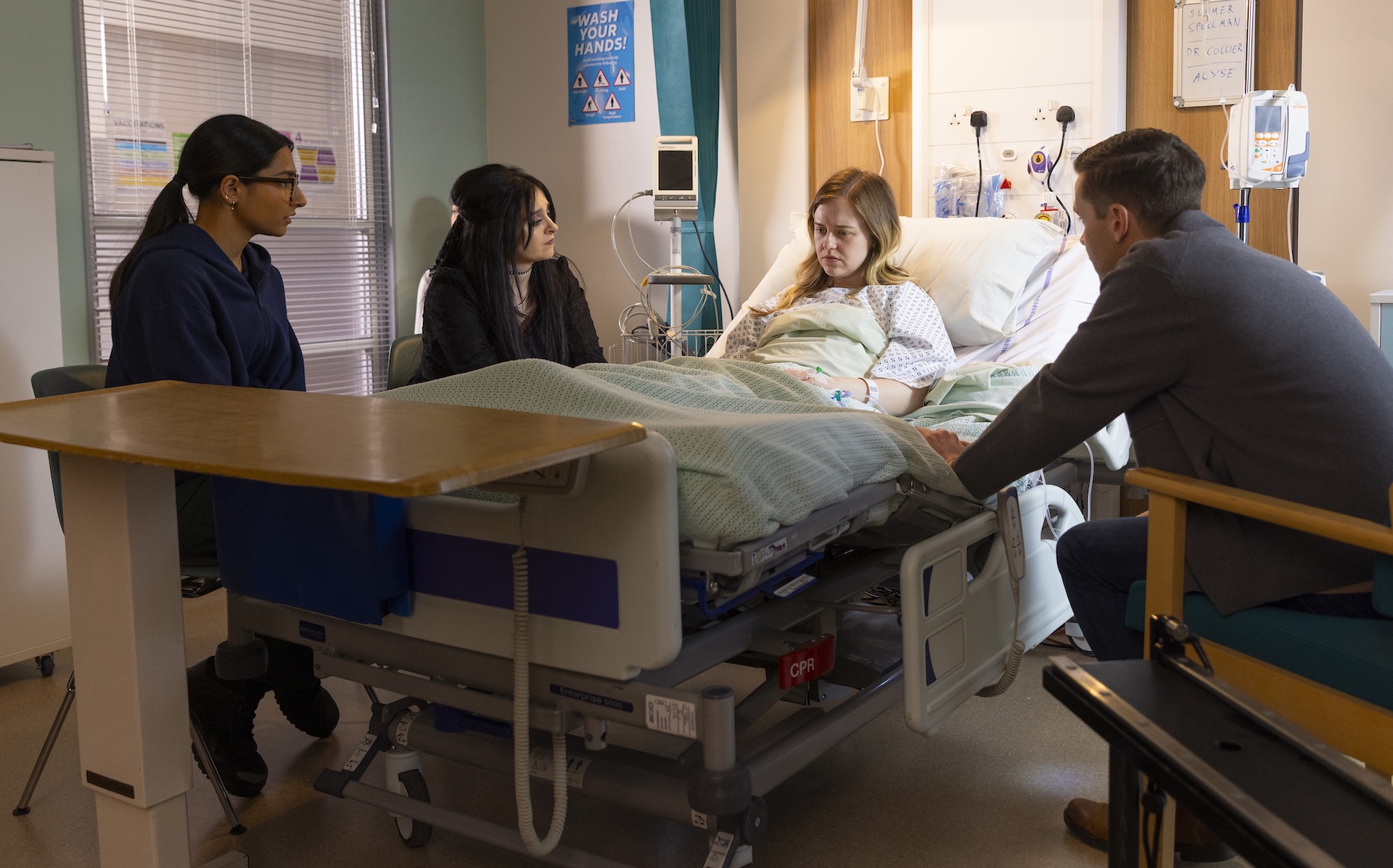 Asha, Nina and Todd with Summer at the hospital in Coronation Street