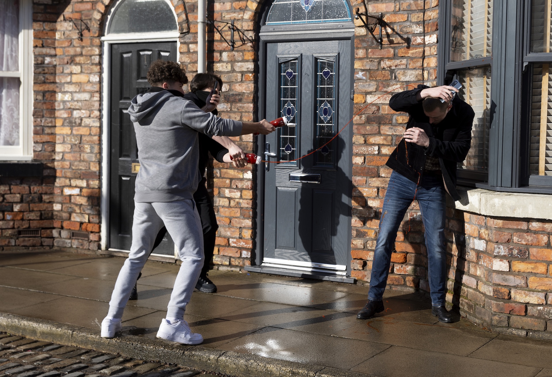 Lads squirting Daniel with ketchup in Coronation Street
