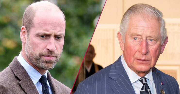 Prince William and King Charles frowning