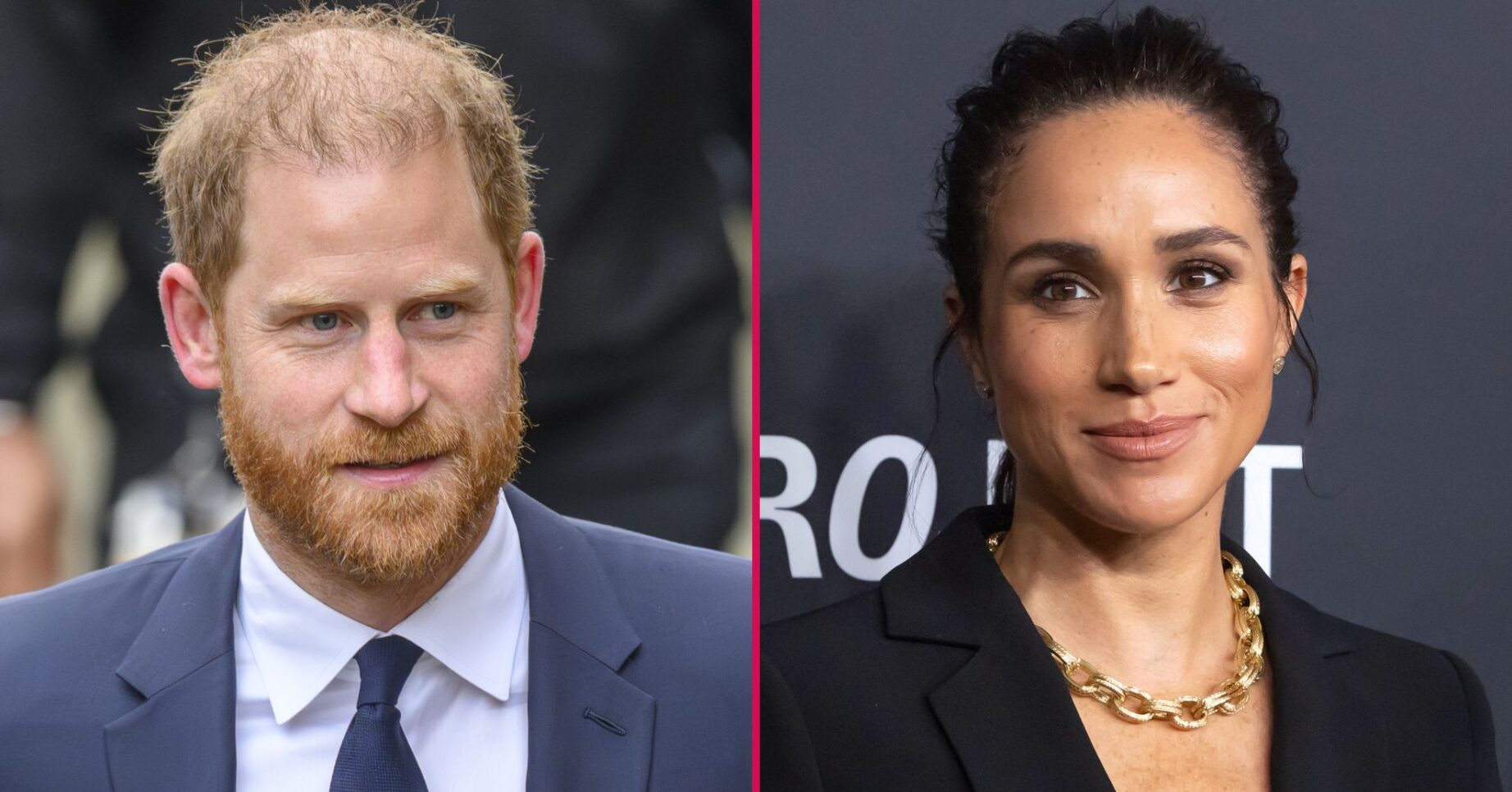 ED composite of Prince Harry in suit smiling and Meghan Markle smiling at event