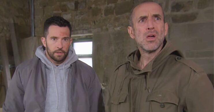 Ross and Sam look sheepish in Emmerdale (Credit: ITV)
