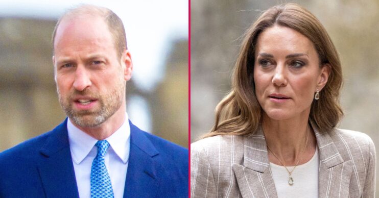 ED composite of Prince William in navy suit and Princess Kate during royal engagement