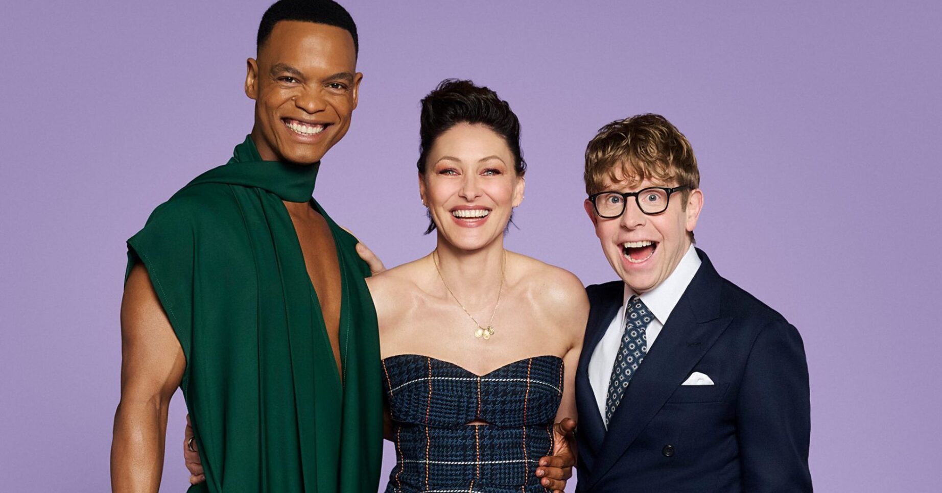 Johannes Radabe, Emma Willis and Josh Widdicombe smiling