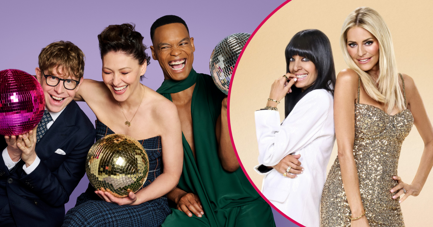 Josh Widdicombe, Emma Willis and Johannes Radebe and Tess and Claudia inset
