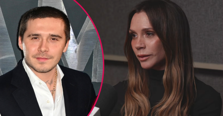 Victoria Beckham speaking on a podcast and Brooklyn inset