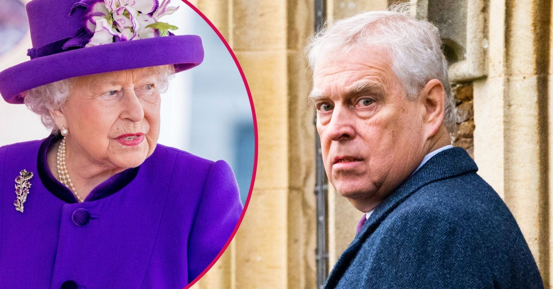 ED composite of Queen Elizabeth II in purple outfit and Andrew Mountbatten-Windsor looking serious