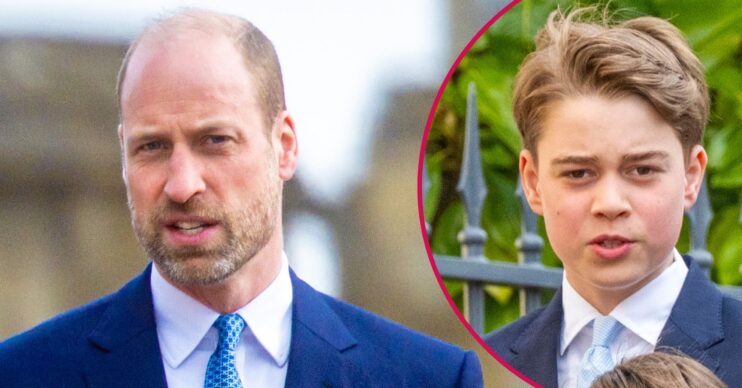 ED composite of Prince William in suit and Prince George at Easter service