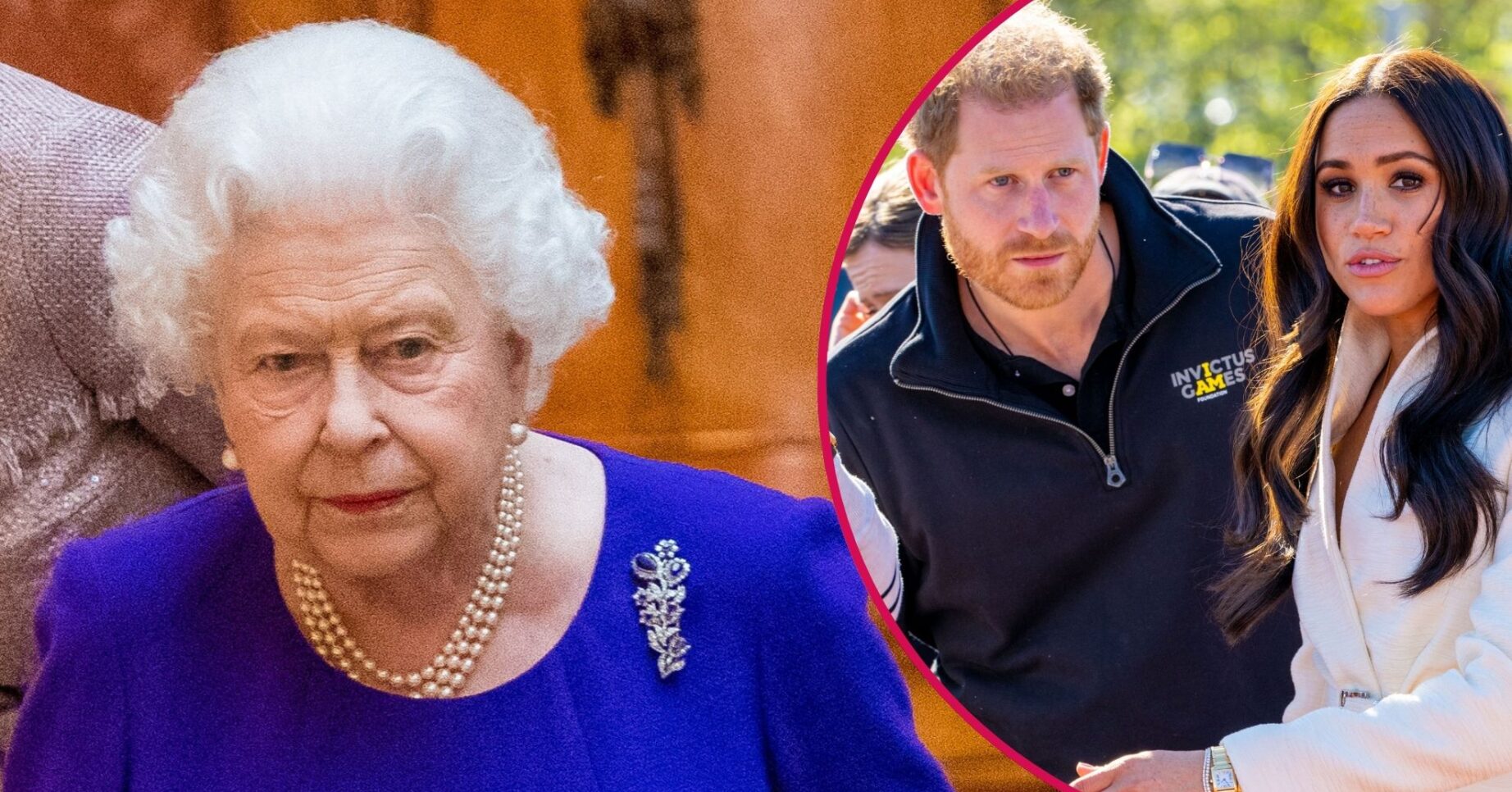 ED composite of Queen Elizabeth in blue outfit and Harry and Meghan at Invictus Games