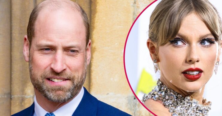Prince William biting his lip beside Taylor Swift with a shocked expression