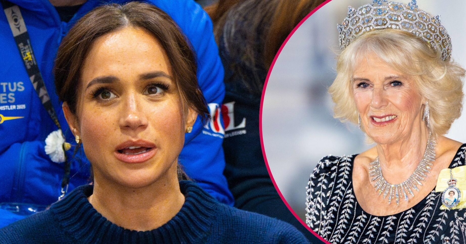 Meghan Markle with a shocked expression and Queen Camilla smiling