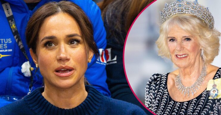Meghan Markle with a shocked expression and Queen Camilla smiling