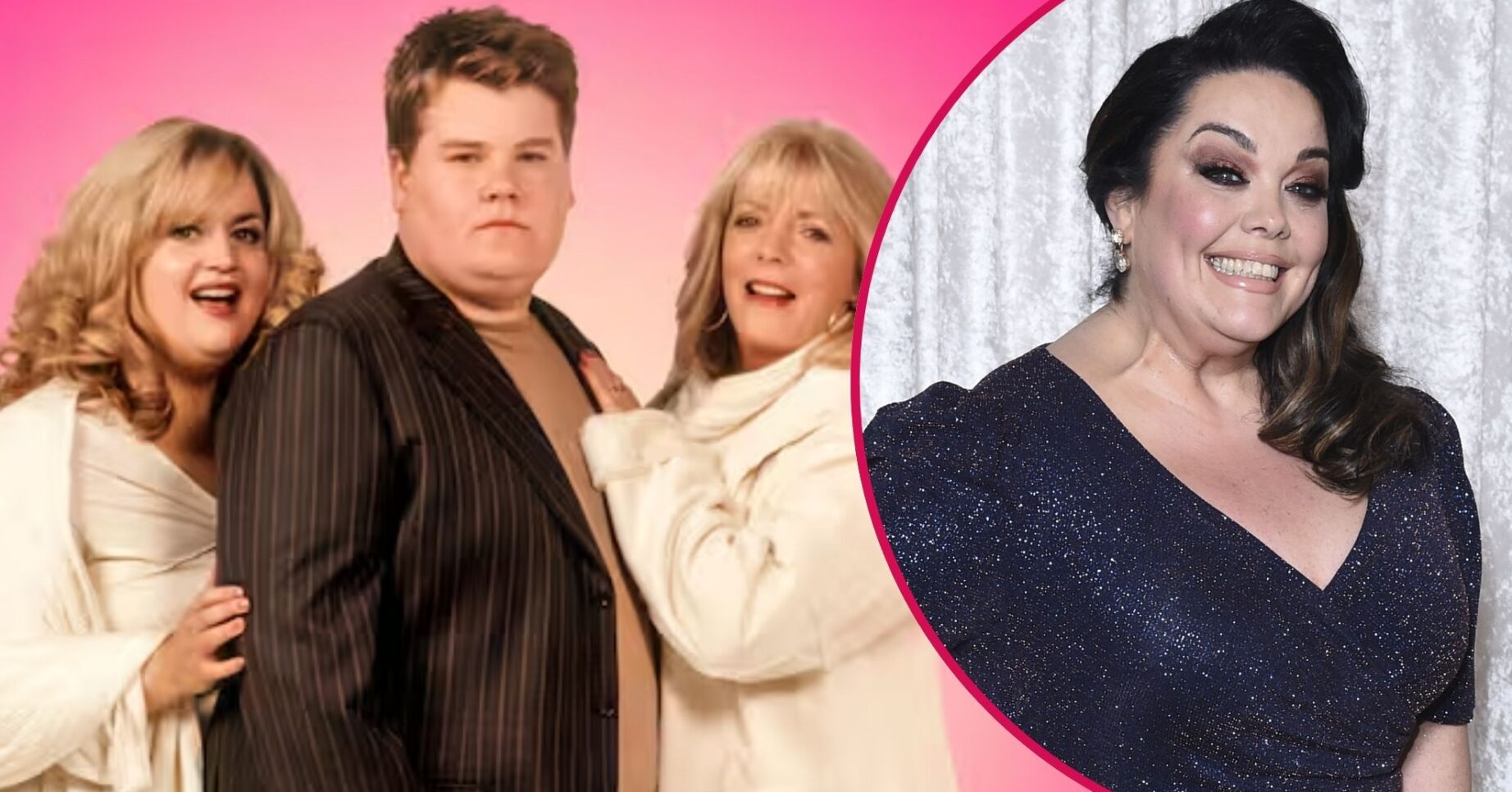 Ruth Jones, James Corden, and Alison Steadman in Fat Friends and a photo of Lisa Riley