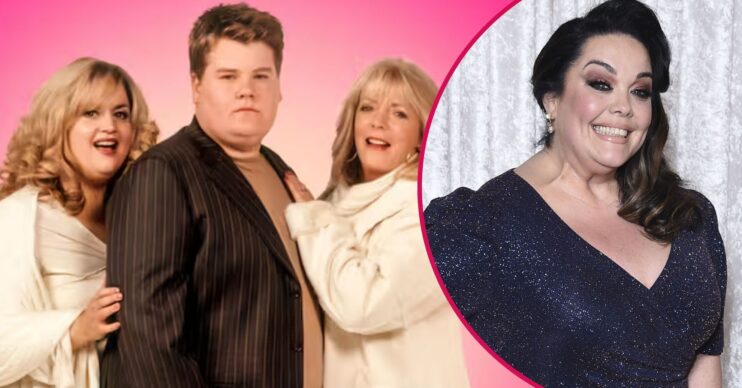 Ruth Jones, James Corden, and Alison Steadman in Fat Friends and a photo of Lisa Riley