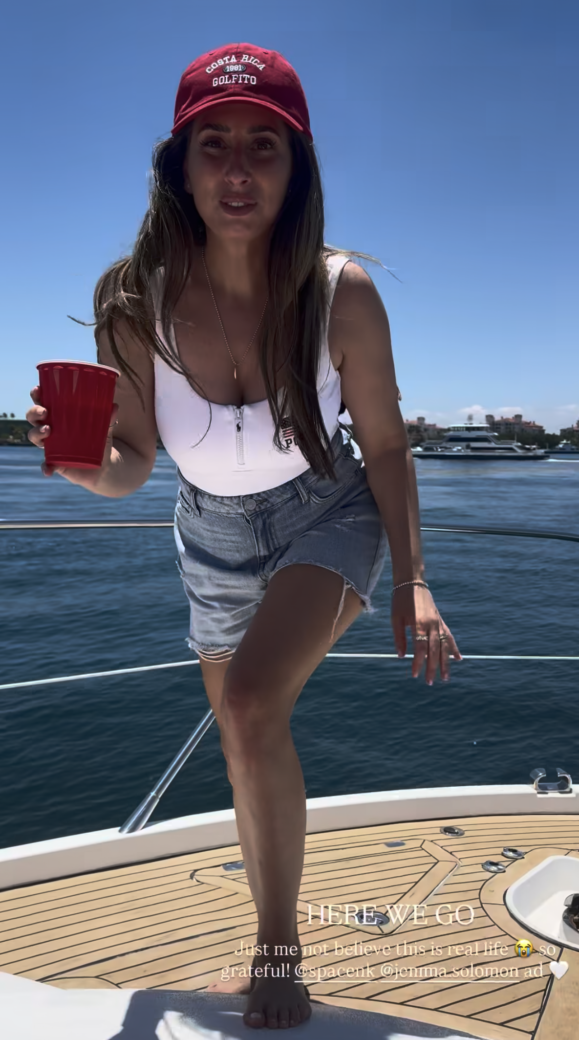 Stacey Solomon in a white swimsuit