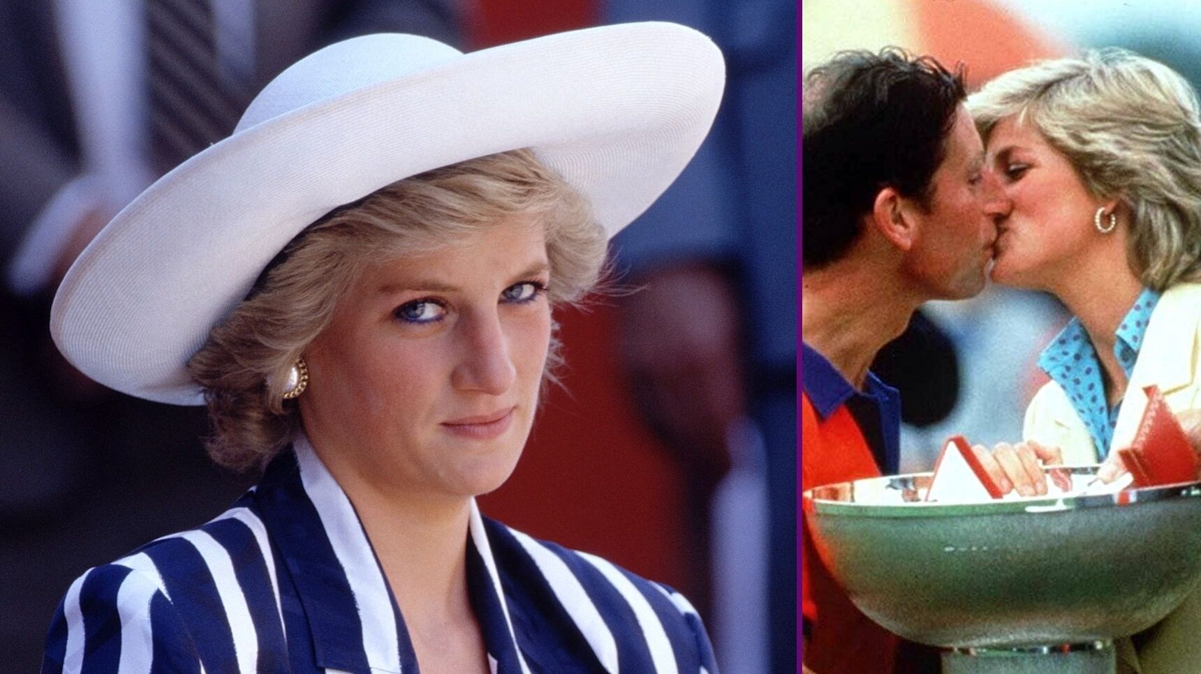 RI composite of Princess Diana in striped outfit and kissing Prince Charles