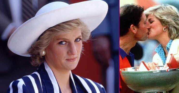 RI composite of Princess Diana in striped outfit and kissing Prince Charles