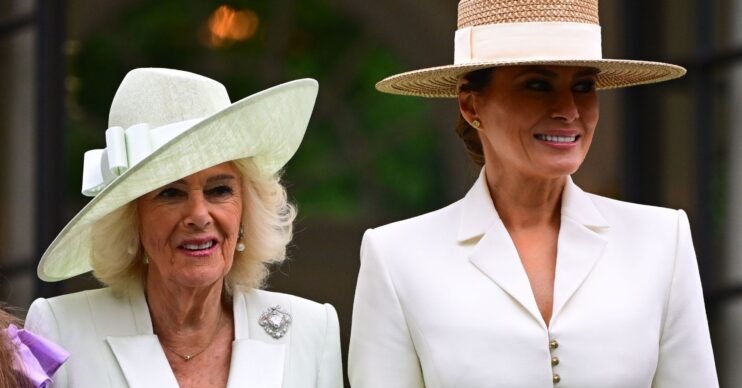 Queen Camilla and Melania Trump smiling, both wearing white
