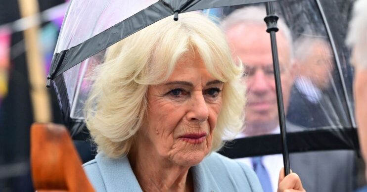 Queen Camilla holding umbrella in Northern Ireland