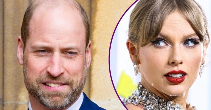 Prince William biting his lip beside Taylor Swift with a shocked expression