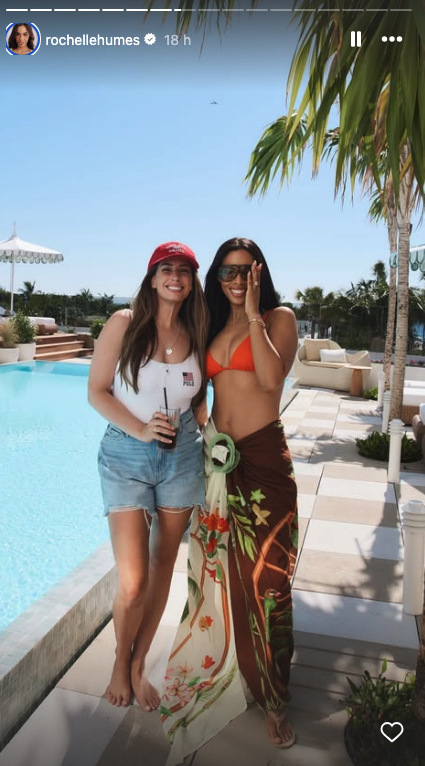 Stacey Solomon in a white swimsuit with Rochelle Humes