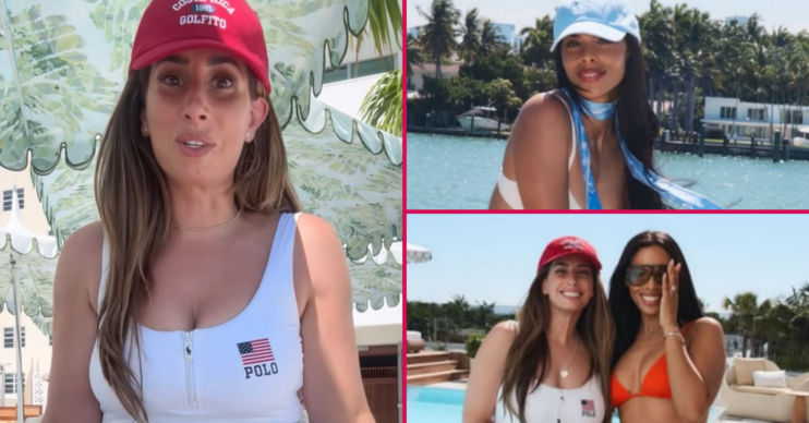 Stacey Solomon in a white swimsuit with Rochelle Humes