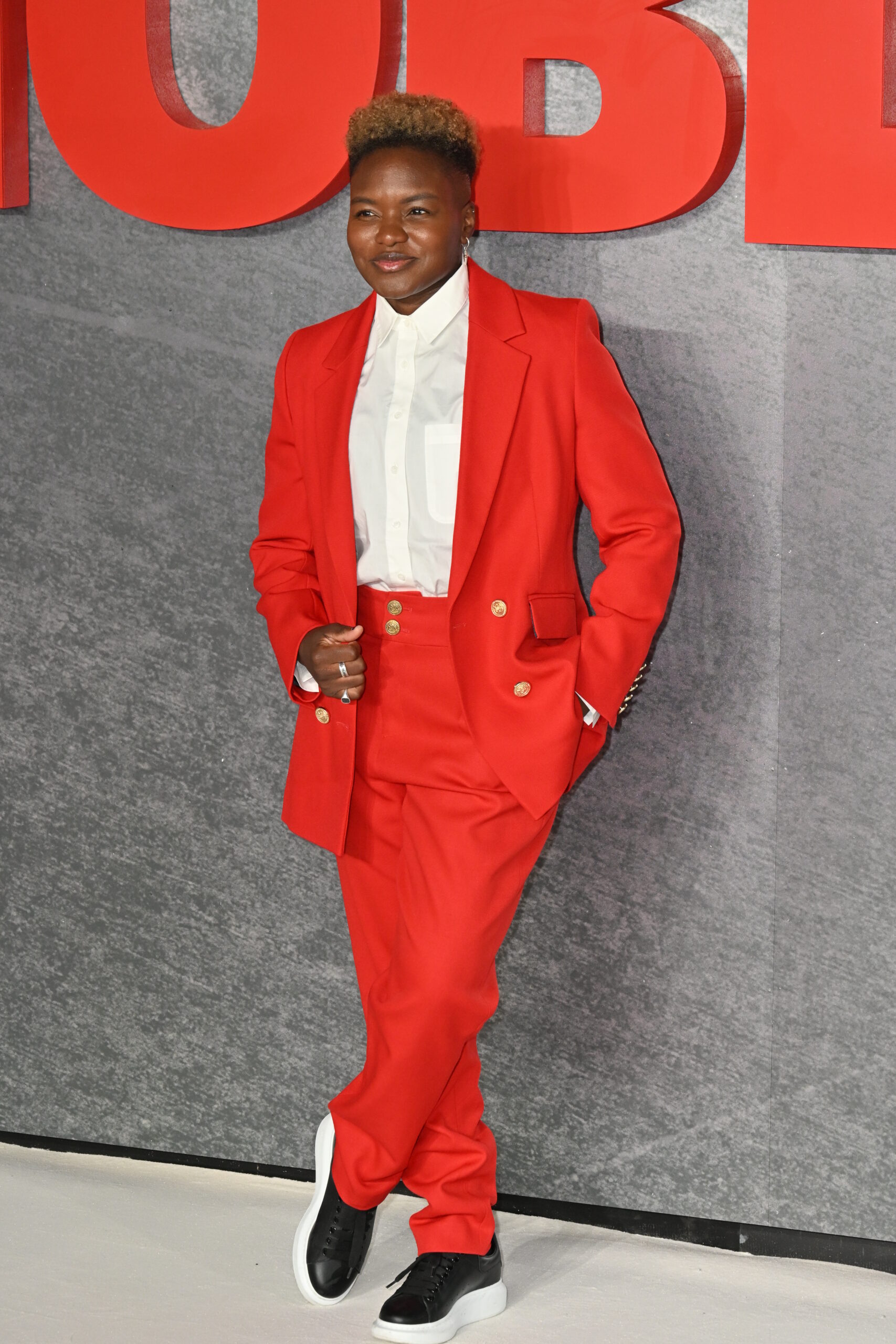 Nicola Adams in a red suit