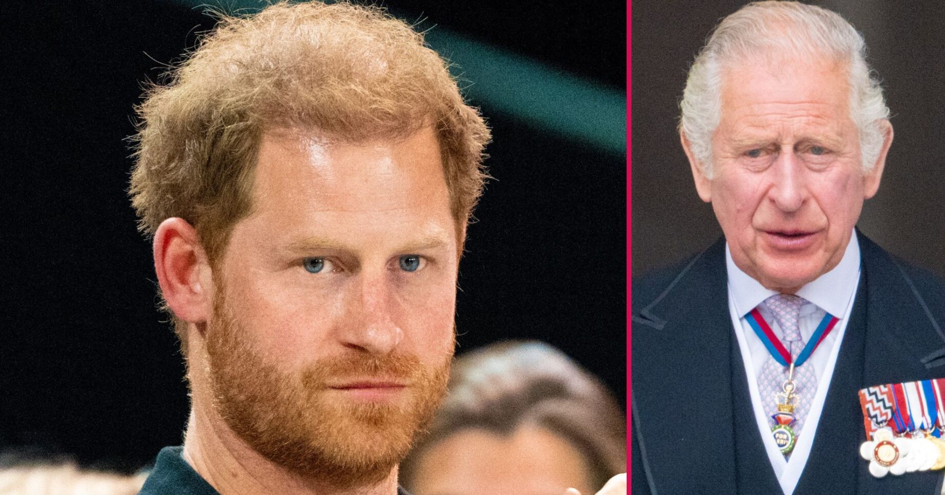 Prince Harry frowning beside King Charles