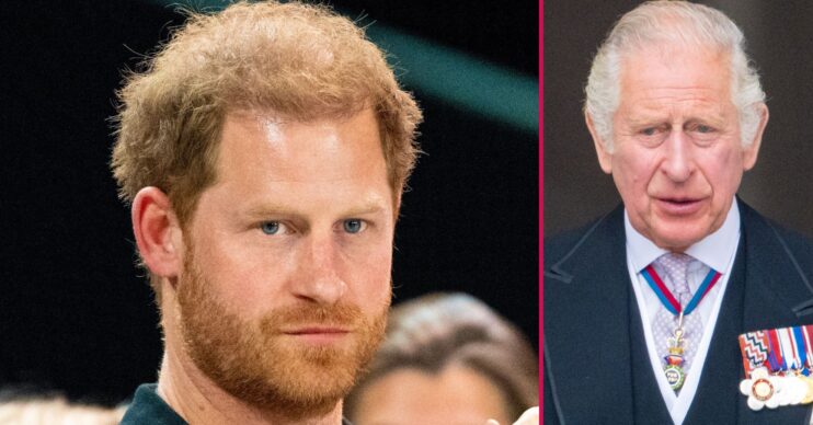 Prince Harry frowning beside King Charles