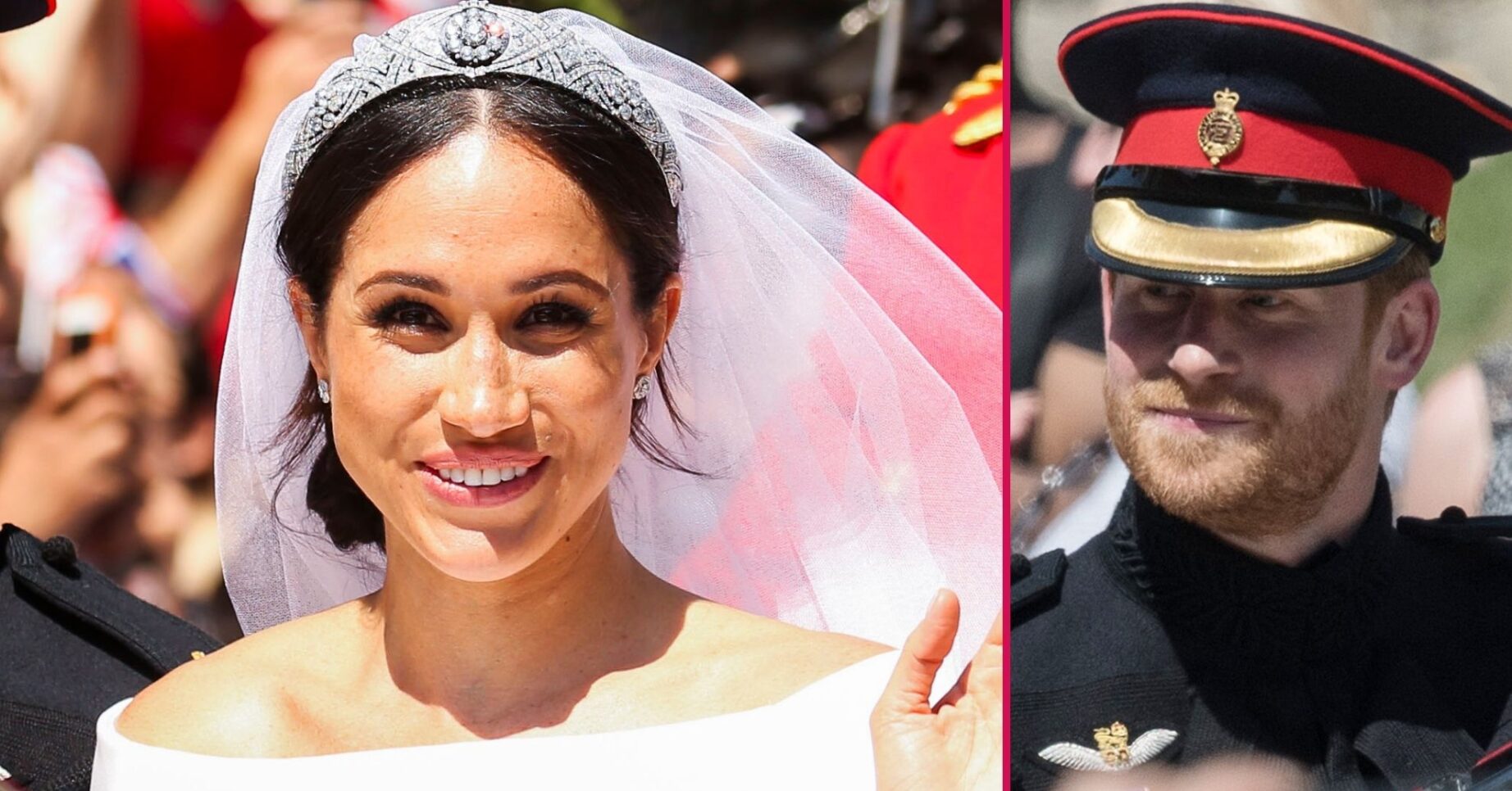 ED composite of Meghan Markle smiling and waving and Prince Harry smiling on wedding day