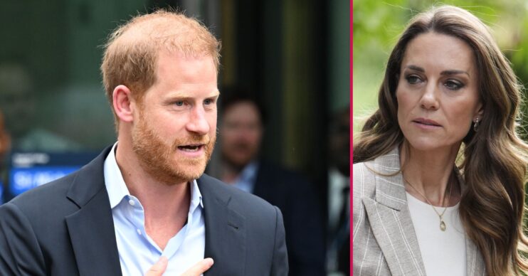 ED composite of Prince Harry in the UK and Princess Kate looking concerned