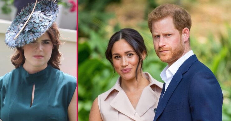 ED composite of Princess Eugenie at the races and Meghan Markle and Prince Harry looking at the camera