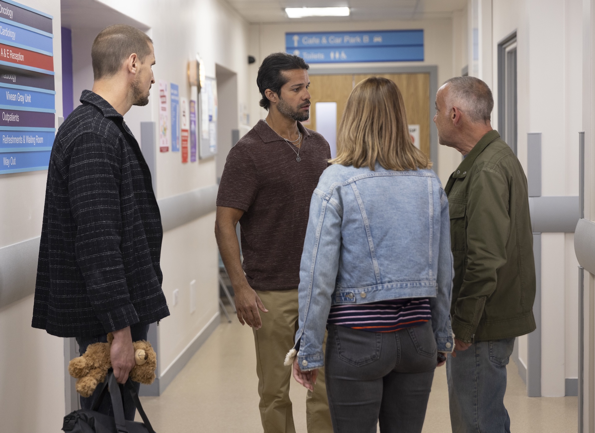 Kevin, Carl and Abi at the hospital in Coronation Street
