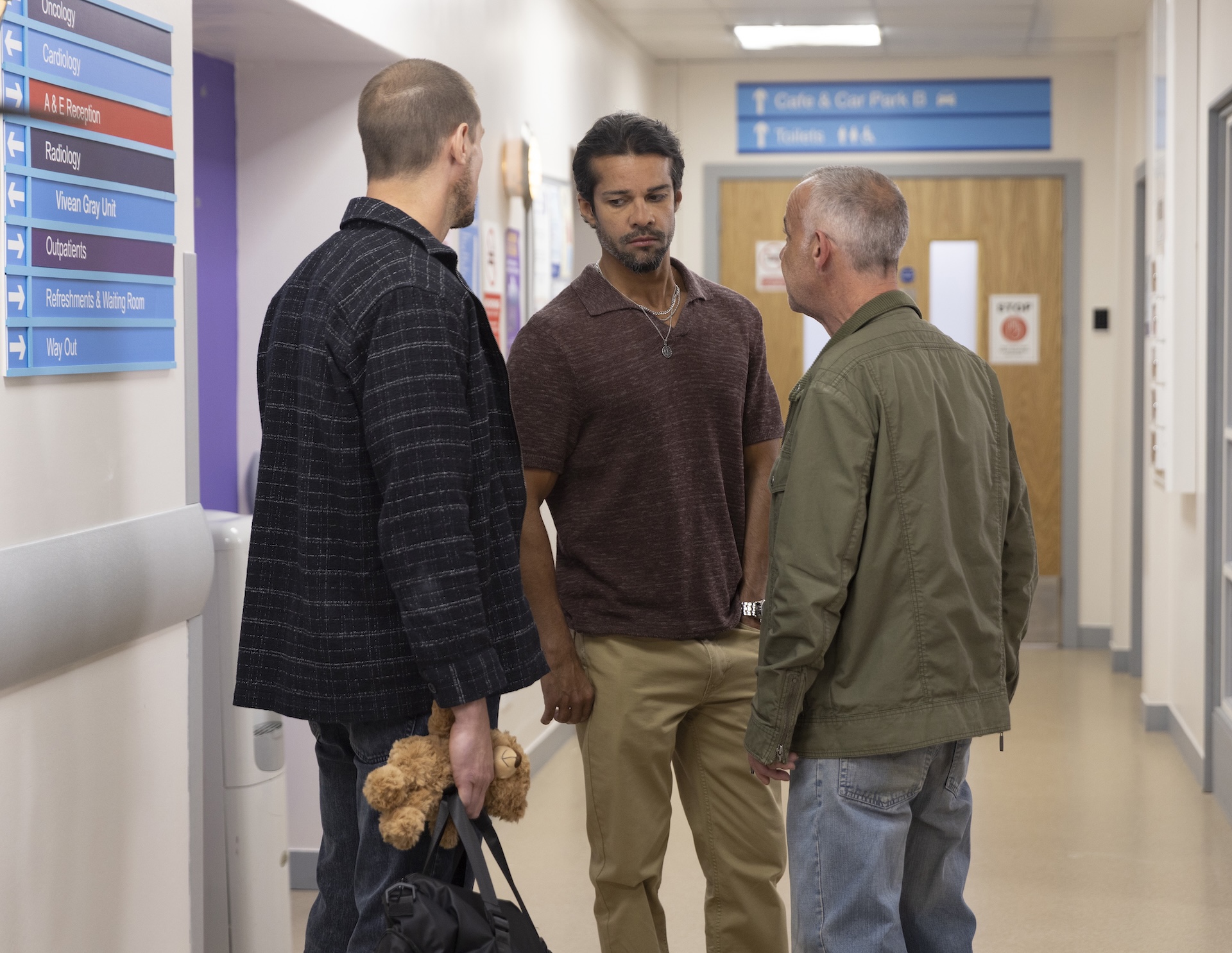Kevin, Carl and Abi at the hospital in Coronation Street
