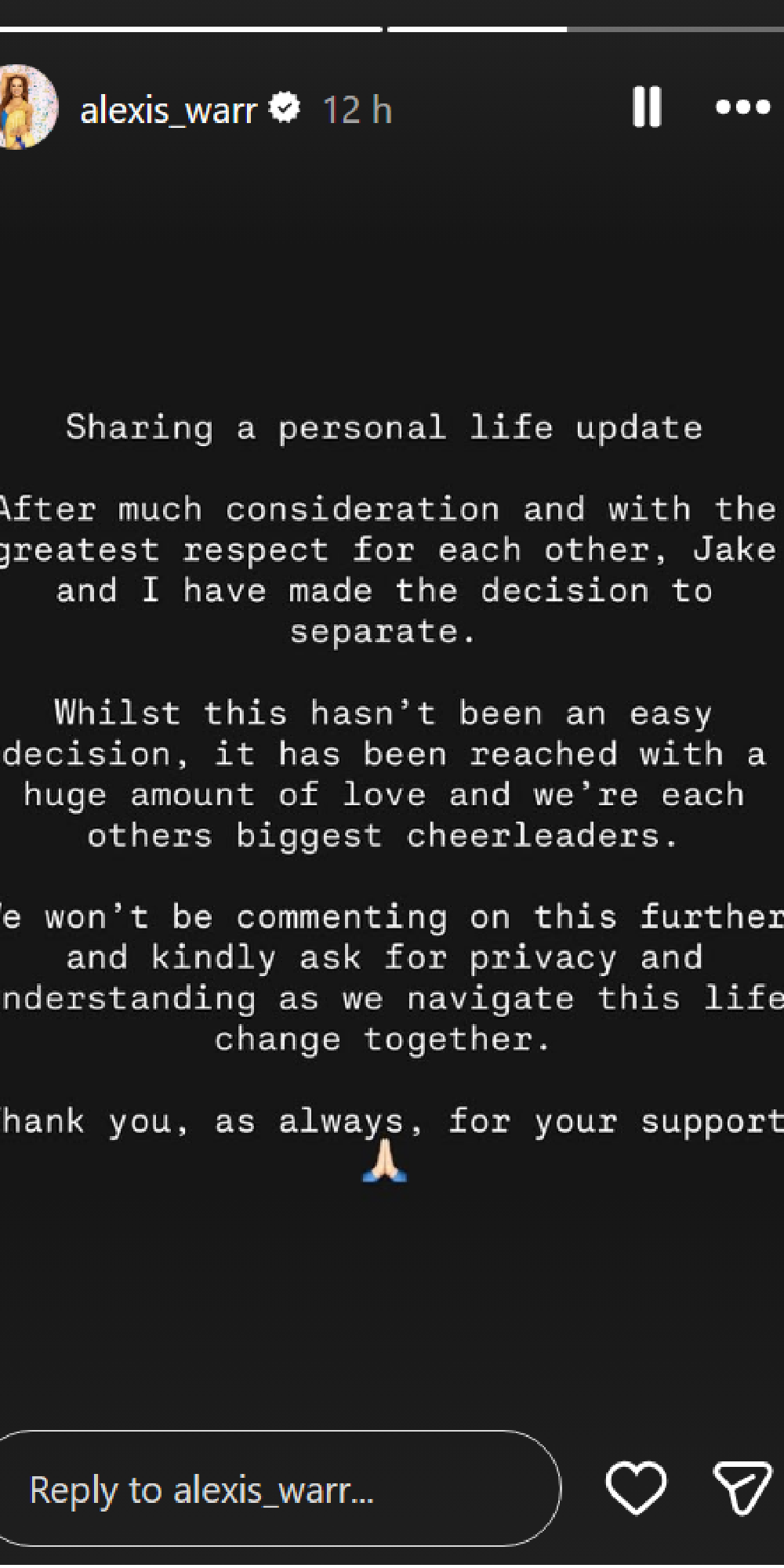 Strictly star Alexis Warr announces marriage split
