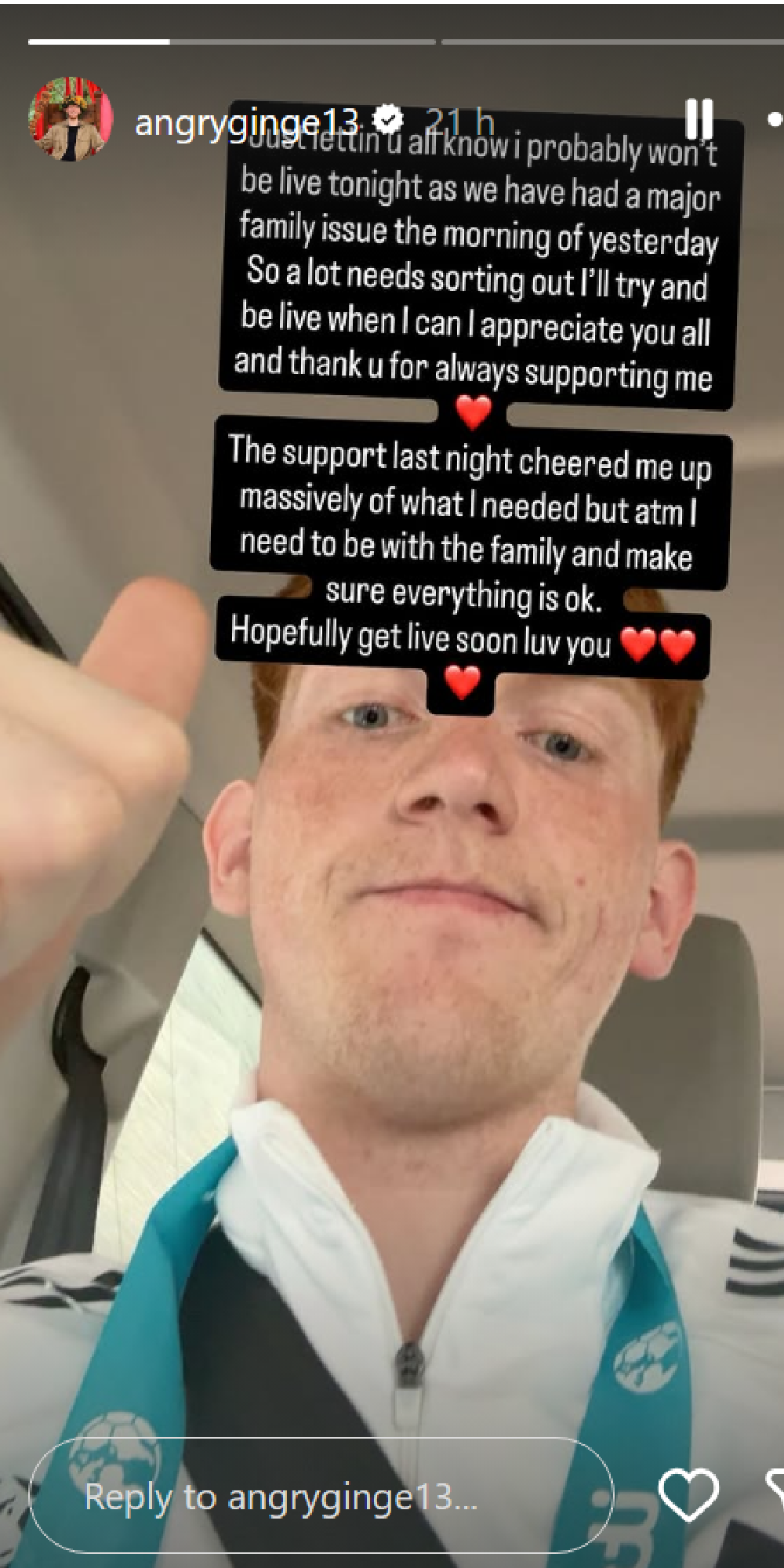 Angry Ginge sharing a message on his Instagram