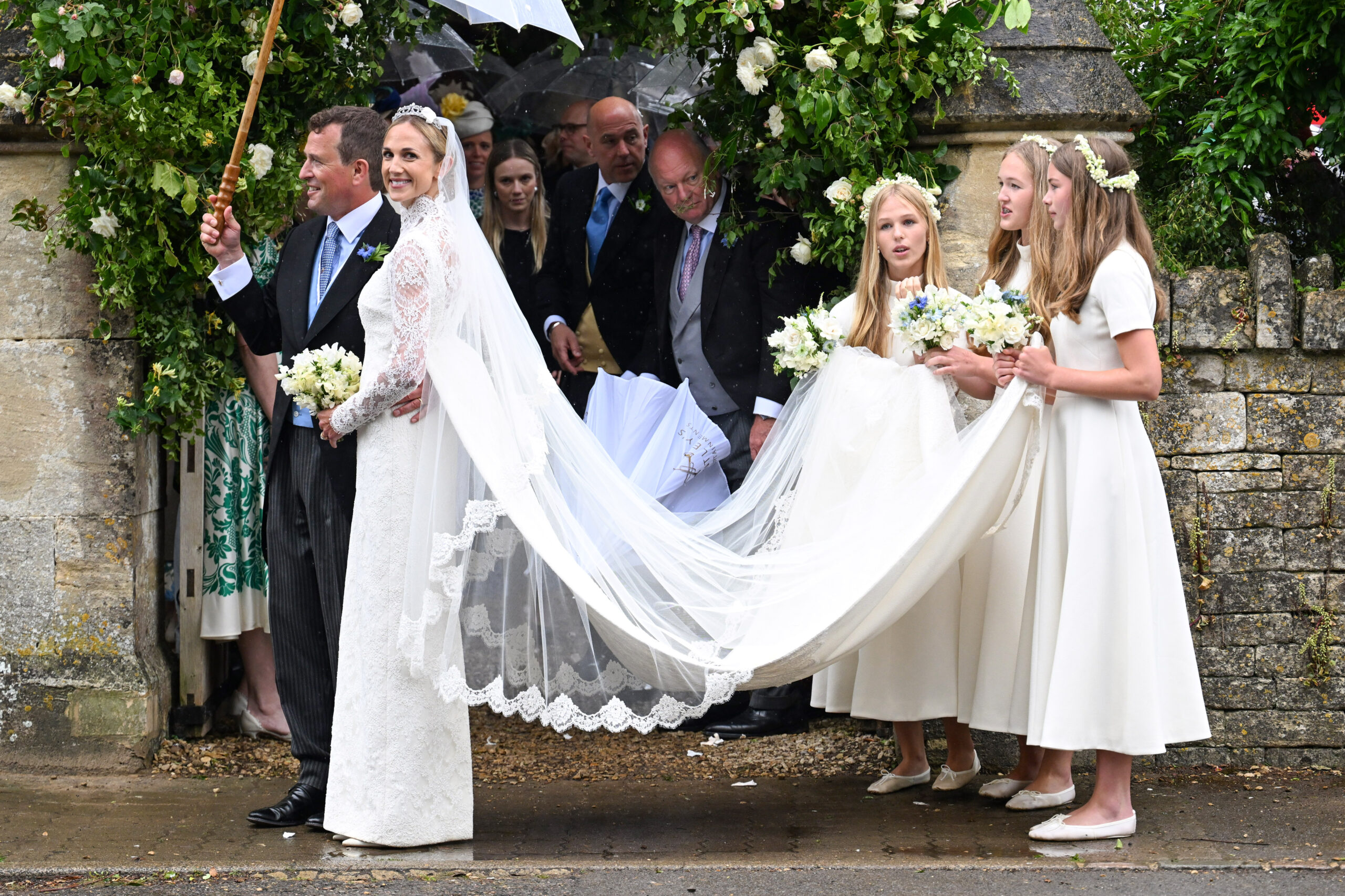 Peter Phillips and Harriet Sperling outside church on wedding day