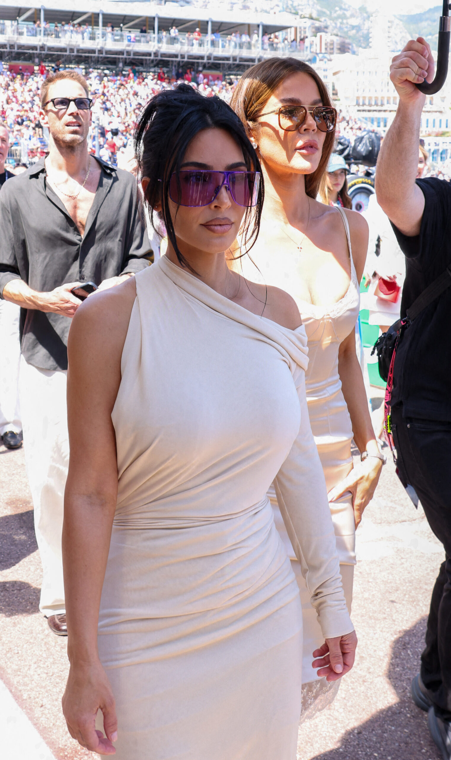 Kim Kardashian wearing a custom Louis Vuitton gown and sunglasses at the Monaco Grand Prix