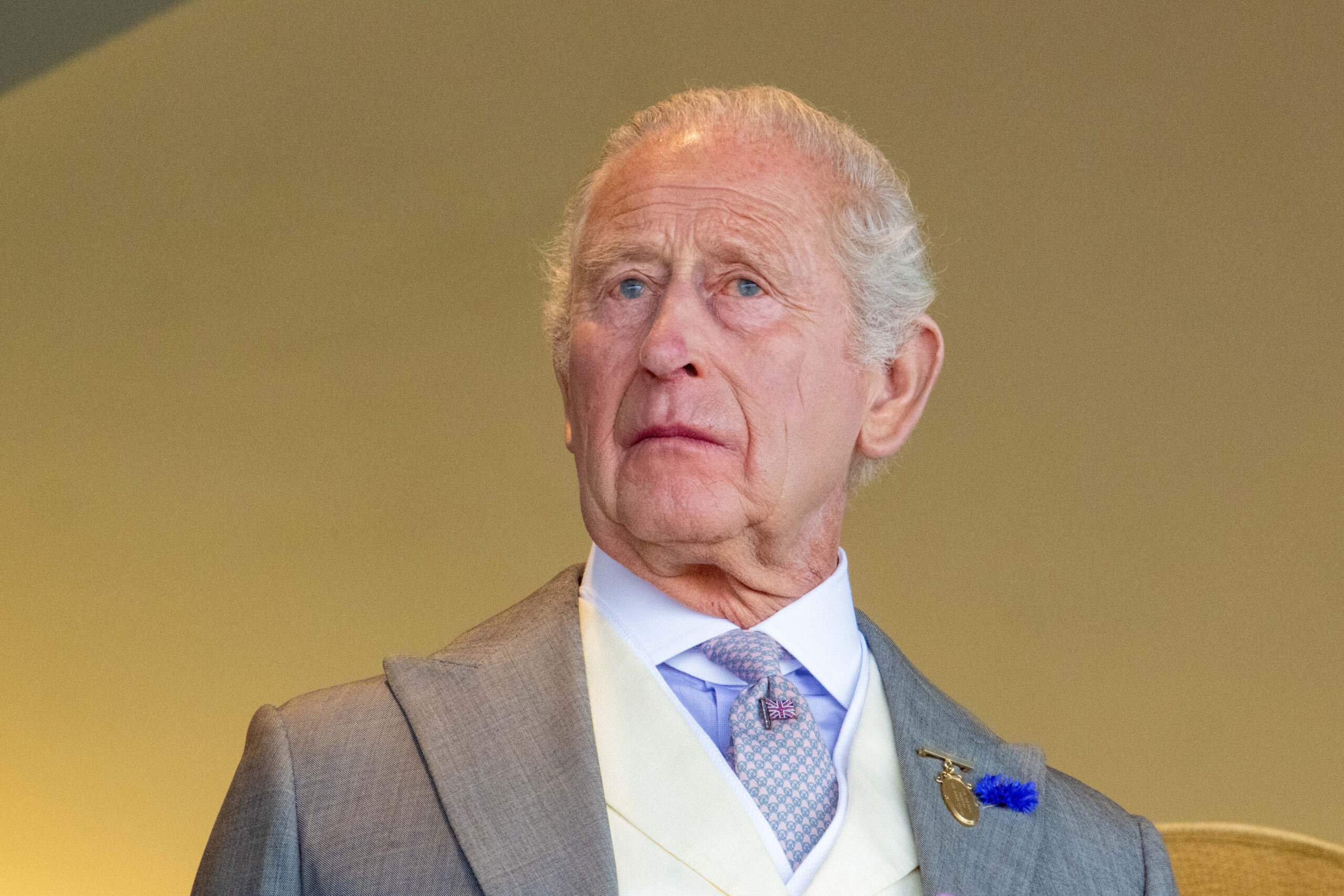King Charles looking worried at Royal Ascot