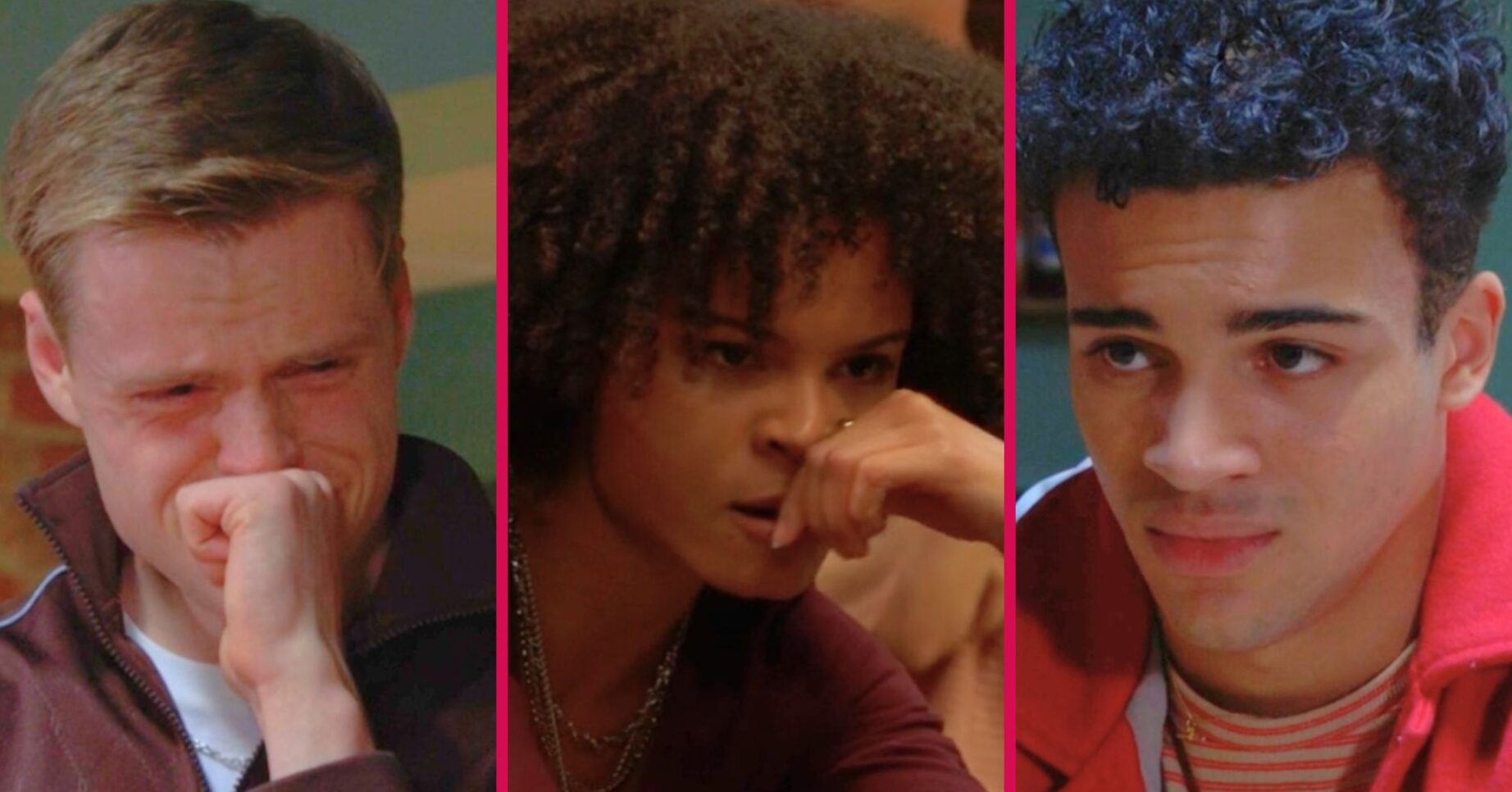 Jasmine angry, Oscar crying and Josh guilty split image