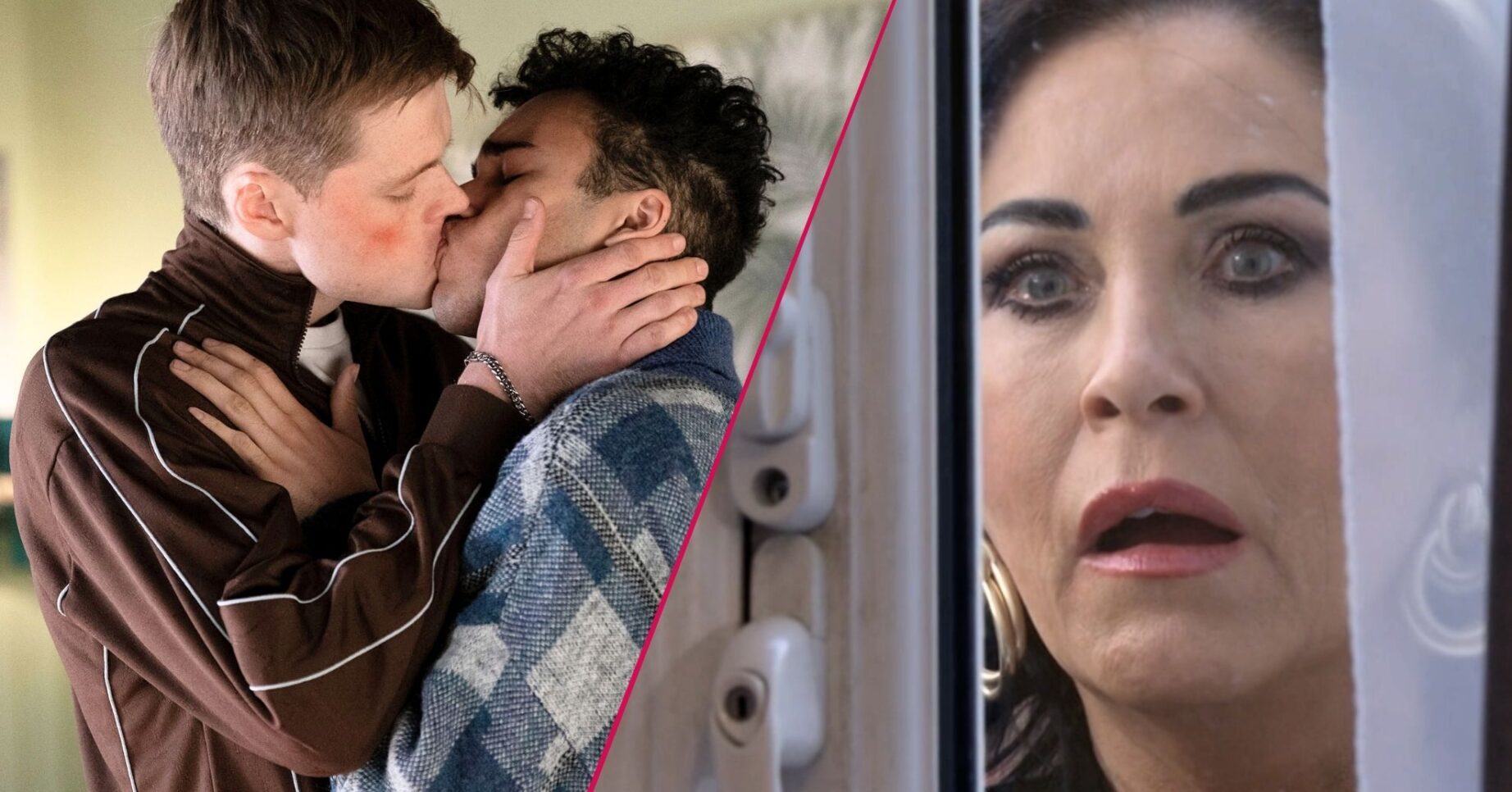 Josh and Oscar kissing split with Kat looking through the window
