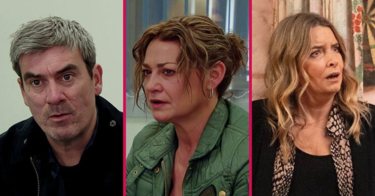 Cain, Moira and Charity in Emmerdale split pic (Credit: ITV)