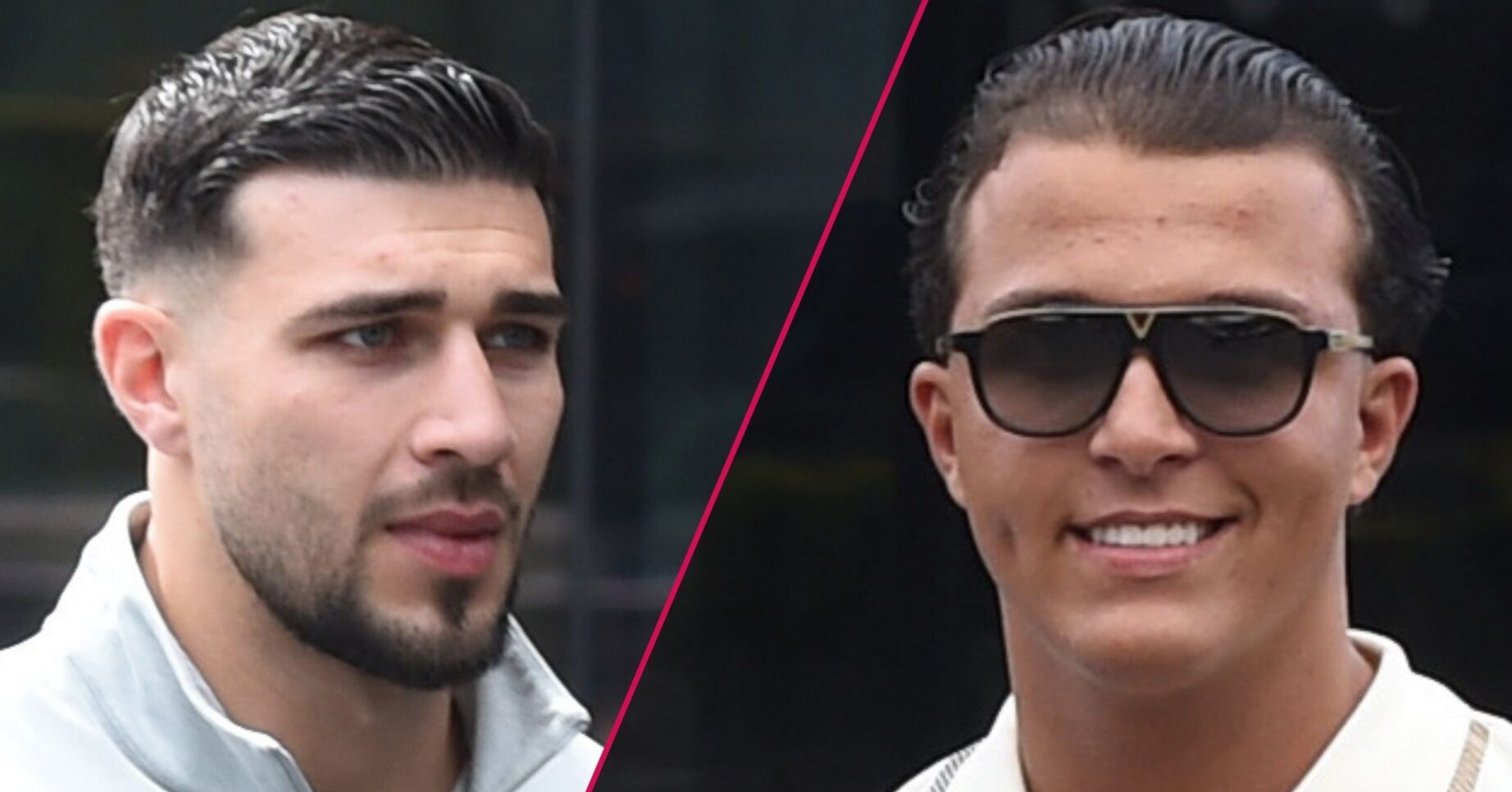Tommy Fury frowning beside a smiling Noah Price