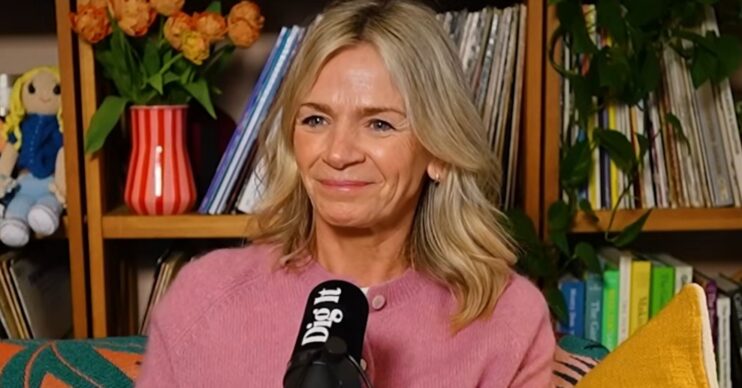Zoe Ball smiling on her podcast