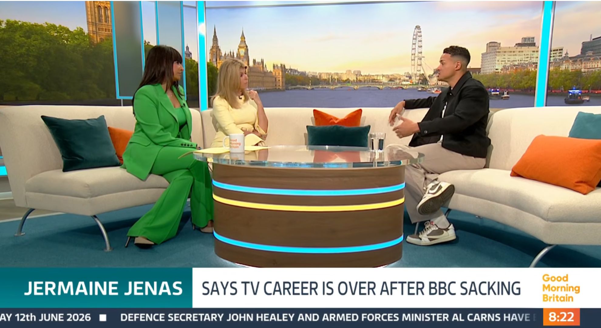 Ranvir Singh and Kate Garraway interviewing Jermaine Jenas on GMB