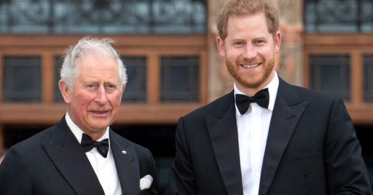 King Charles and Prince Harry smiling side by side