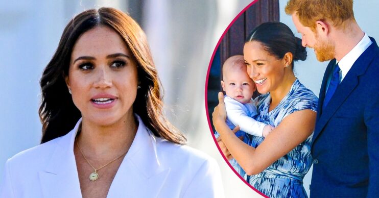 ED composite of Meghan Markle in white suit and holding baby Archie alongside Prince Harry