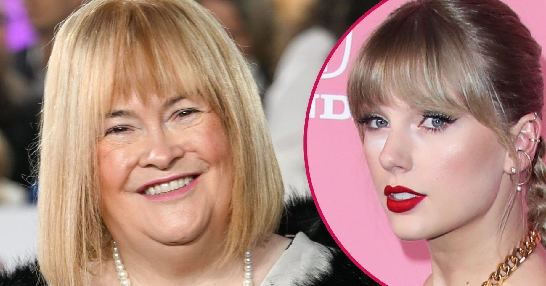 Susan Boyle sporting a short blonde hairstyle, beside Taylor Swift looking to the side and posing, wearing red lipstick