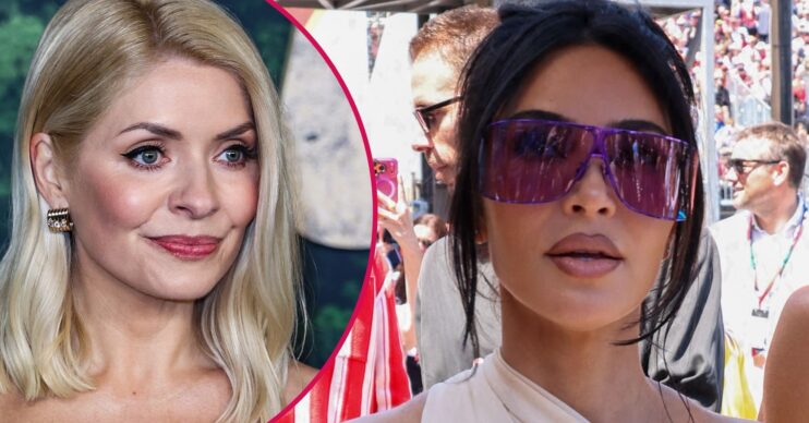 Holly Willoughby with a serious expression beside a shocked Kim Kardashian