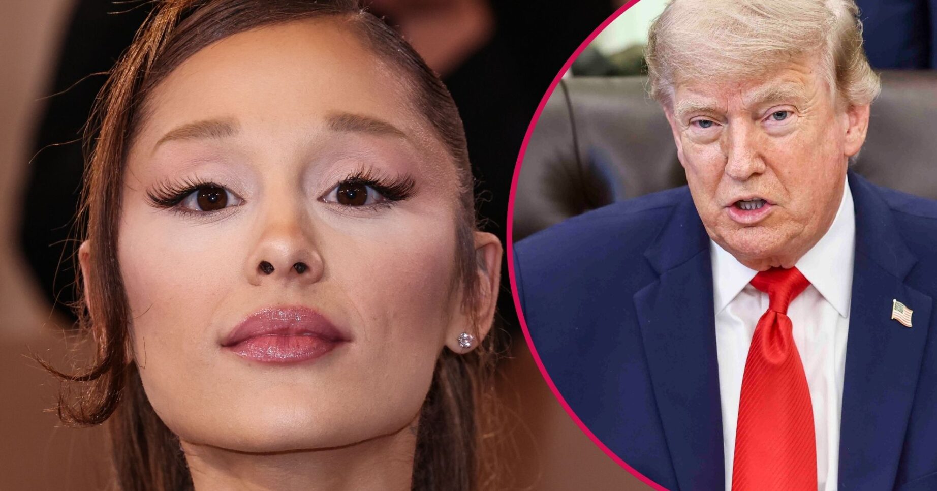 Ariana Grande with a serious expression beside Donald Trump